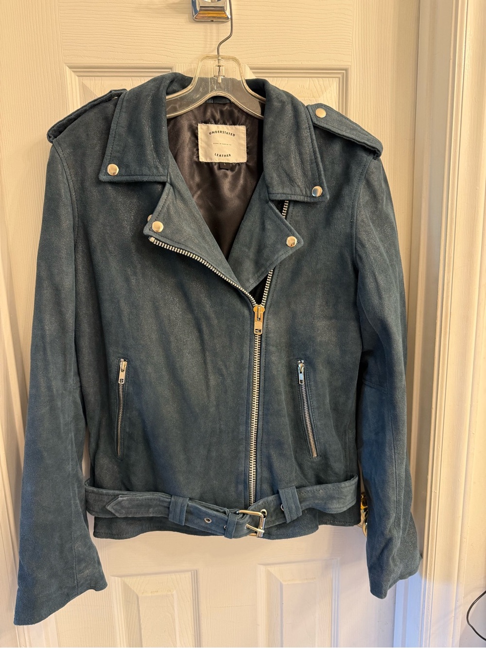 Understated Leather Teal Blue Suede Motorcycle Jacket
